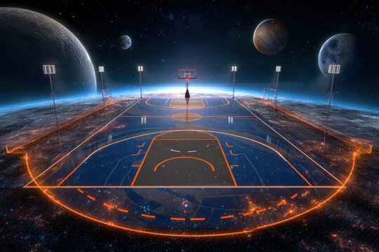 Futuristic space-themed basketball court beneath planets. - Powered by Adobe