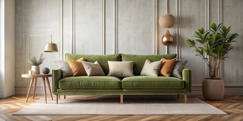 Elegant Olive Green Living Room with Aged Wood Accents - Minimalist Interior Design Stock Photo