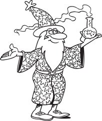sketch illustration, caricature image of the silhouette of a witch in a hat making a potion in a cauldron