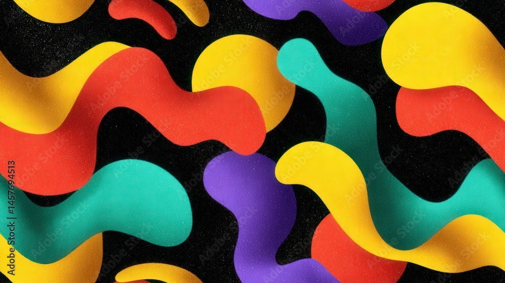 Poster retro 80s wave seamless pattern colorful abstract pattern with flowing shapes on a dark background.