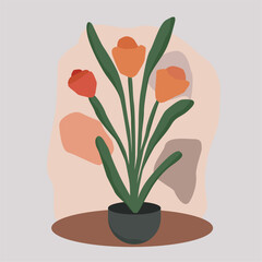 Vector Image of Tulip Flowers with Closed Petals in a Dark Pot with Abstract Decorative Elements Around It