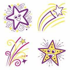 Cheerful Cartoon Stars With Decorative Elements For Party And Celebration Designs