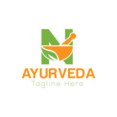 Initial Letter N Ayurveda Eco Logo Design, Pharmacy Concept Vector Template