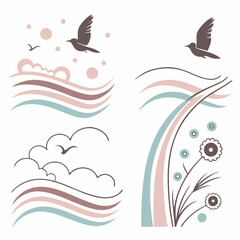Nature Inspired Pattern Vector Illustration Birds Clouds Flowers Sea And Sky