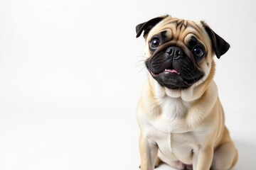 Obraz premium Playful pug looking towards camera, white backdrop, isolated, white, expression
