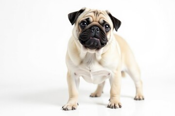 Obraz premium Playful pug stands, isolated on a bright white backdrop , standing, breed