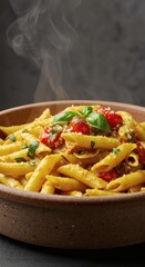 Fototapeta premium Close up of a bowl of penne pasta with tomato sauce and basil garnish emitting steam on a dark surface