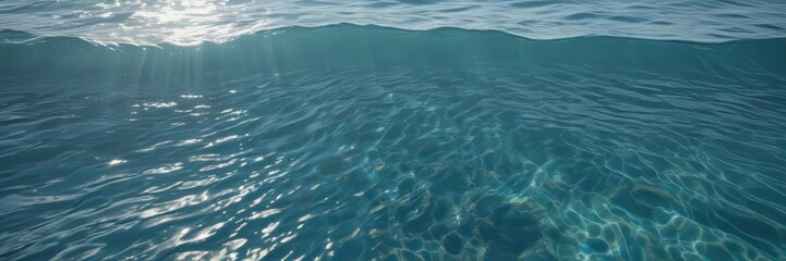 Fototapeta premium Crystal clear blue water, sunlit ripples showcasing underwater life; tranquil waves , beautiful, sun ray, blue