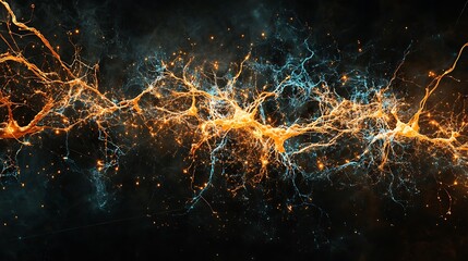 Abstract orange liquid network with glowing blue and white veins creates a cosmic effect