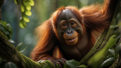 Fototapeta premium A baby orangutan (Pongo pygmaeus) swinging between trees in a rehabilitated rainforest area