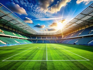 Empty Football Stadium, Lush Green Field, Blue Sky - Stock Photo