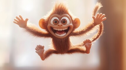A digital illustration of a joyful primate in mid-air.