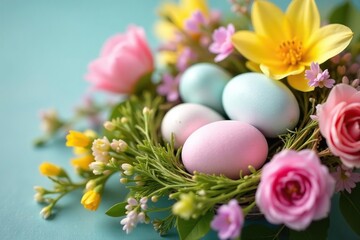 Obraz premium Pastel Easter eggs nestled in a vibrant spring flower arrangement , colorful spring, spring scene, festive