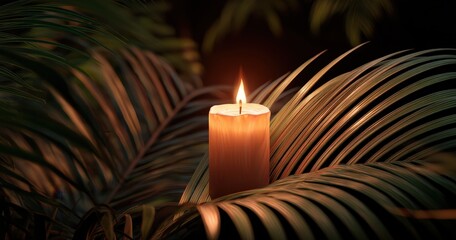 Glowing candle amidst lush tropical leaves.