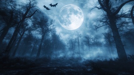 Dark foggy forest at night with full moon and bats