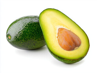 Fresh Avocado with Seed and Leaves on White Background