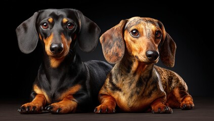 Two dachshunds resting on a dark background.