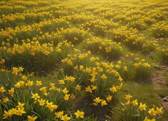 Obraz premium Golden daffodils carpet sunny meadow, vibrant yellow hues, carpet of flowers, nature