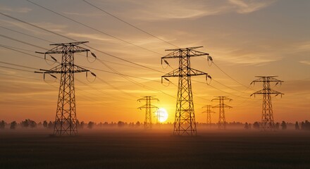 Fototapeta premium Sunrise over power lines in a misty field.