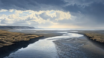 Serpentine River Cutting Through a Coastal Landscape Under a Dramatic Sky