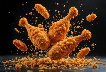 Fototapeta premium Crispy Fried Chicken Drumsticks in a Dynamic Food Photography Composition