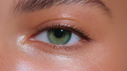 Fototapeta premium closeup of a young woman with glowing skin treating under eyes with olive green eye patches.