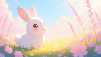Obraz premium A charming illustration of a white rabbit with large, expressive eyes and soft, rosy cheeks, sitting amidst a field of pastel pink flowers and grass.