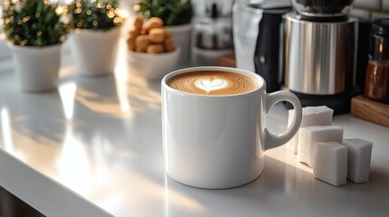 Close-up of cappuccino in a white mug with heart-shaped foam on a surface, beside sugar cubes on a transparent background, PNG image, PNG file.
