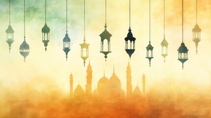 Traditional lanterns with mosque silhouette at sunset