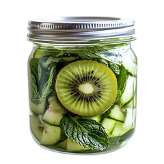 Kiwi Mint and Lemongrass in a Glass Herb Infused Jar Isolated on Transparent Background