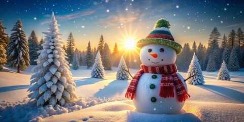 Obraz premium Festive Snowman in Snowy Winter Wonderland Christmas Scene