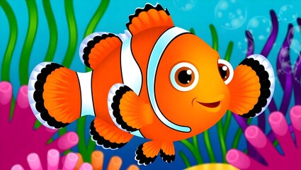 Fototapeta premium Adorable cartoon clownfish in a vibrant coral reef setting.