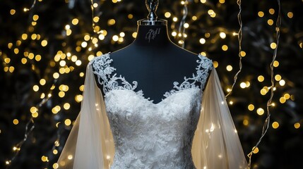 Elegant white lace wedding gown with fairy lights