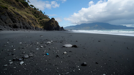 Villarica, Chile - 25 february 2017: view of beach with black volcanic sand in Villarica