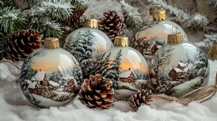 Christmas ornaments and pine cones in snowy holiday scene
