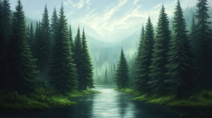 Obraz premium Serene river flowing through a dense evergreen forest in a misty landscape
