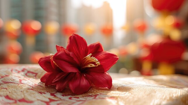 Close-up of a red bauhinia brooch on silk, golden light on petals, festive city backdrop - celebrating Hong Kong's establishment day with elegance.
