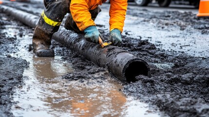 Worker cleaning muddy pipe outdoors