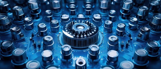 Blue circuit board close up electronic components