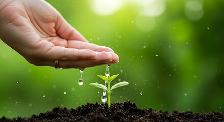 Fototapeta premium Hand Watering a Young Plant with Sparkling Water Drops in Sunlig