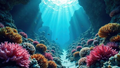 Mysterious underwater canyon, vibrant coral gardens, underwater scene, darkness, underwater canyon