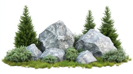 Rocks fir trees and shrubs on grass