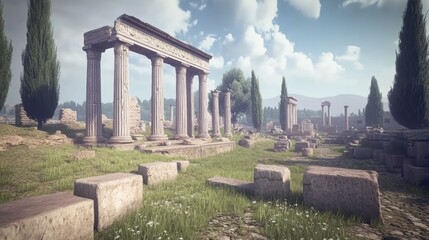 Ancient stone ruins landscape columns grass and sunlight