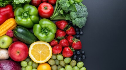 Fresh fruits and vegetables on dark background