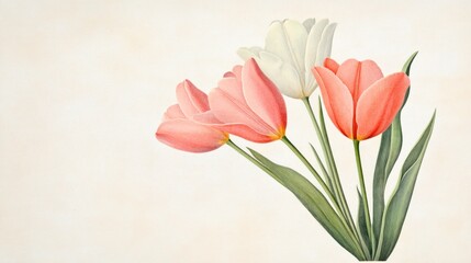 Vintage illustration pink and white tulips