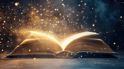 Open book with golden light and magic