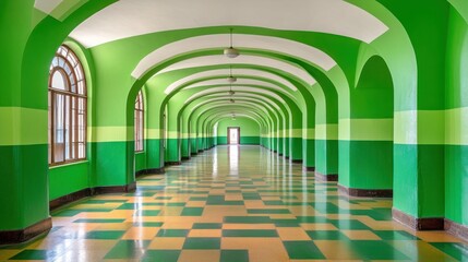 Green archway corridor with checkered floor