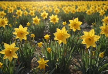 Obraz premium Sunlit field of vibrant yellow daffodils, petals glistening , wildflower, background