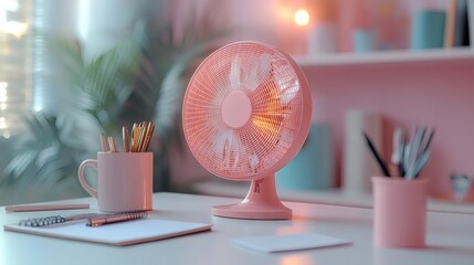 Pink desktop fan rotating on bright desk with office supplies, notepad, and home decor in background, soft light, stylish workspace on a transparent background, PNG image, PNG file.