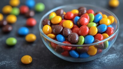 Vibrant assortment of coated candy pieces in a glass bowl, scattered on a stone surface, delicious treat, snack food, colorful candy. on a transparent background, PNG image, PNG file.